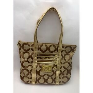 COACH Poppy Op Art Glam Gold Khaki Tote Bag Blue Teal Liner Signature C